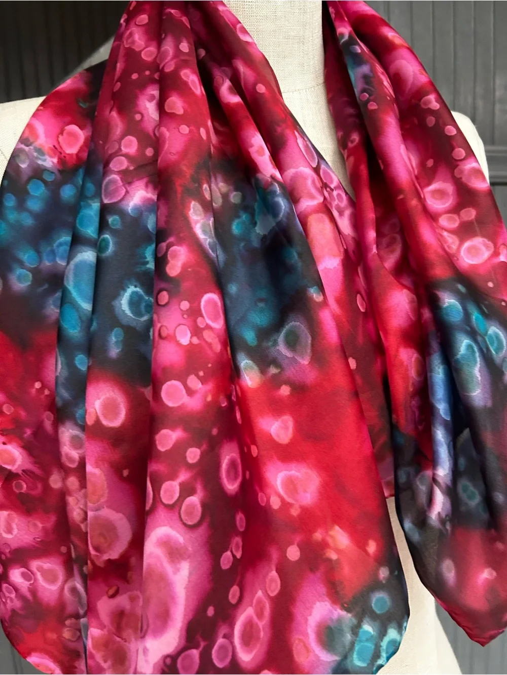 Pure Silk Abstract Pink Blue Scarf Square Magenta and Purple Watercolor Dots